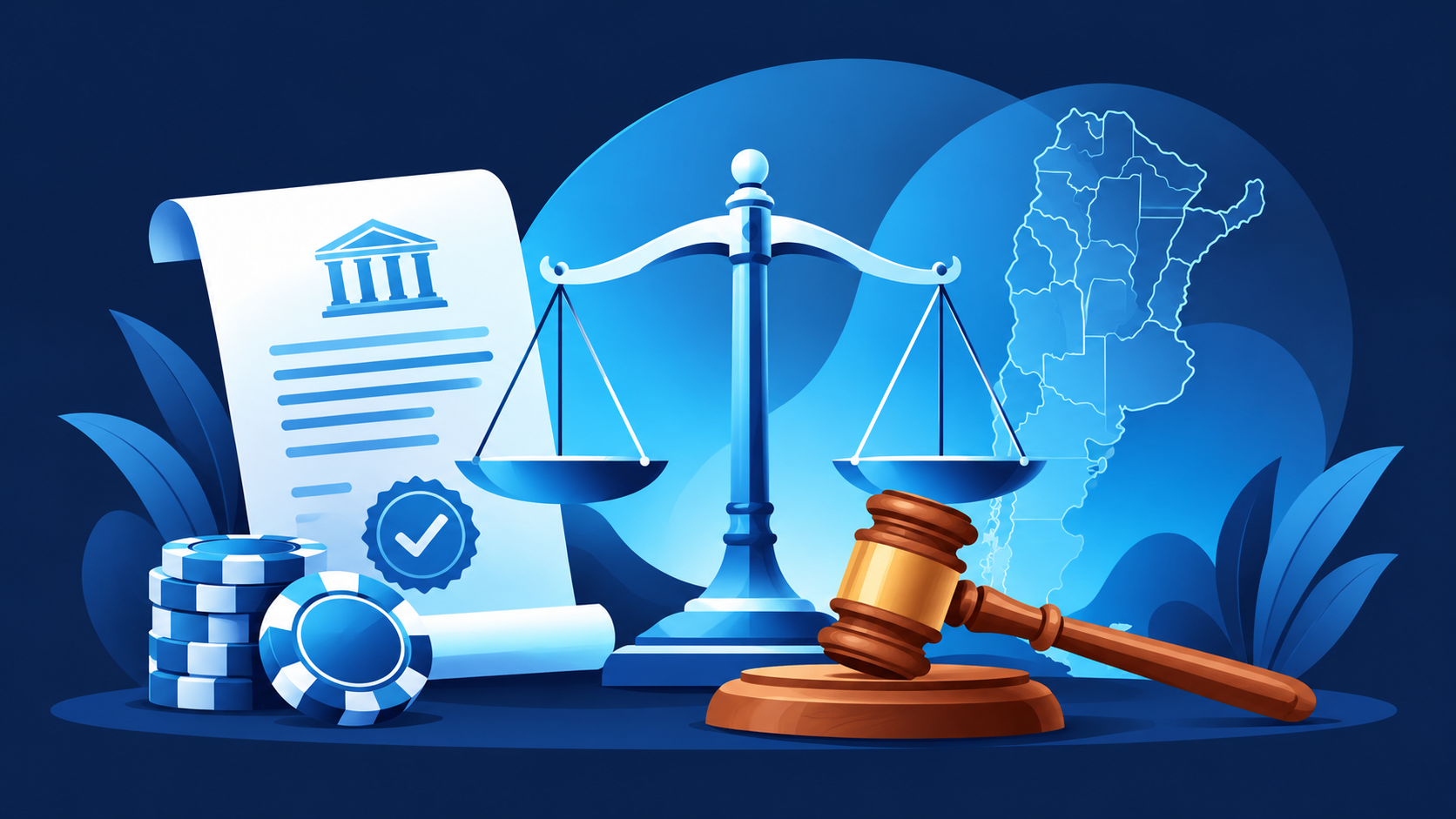 Balanza de la justicia y martillo junto al mapa de Argentina: casinos legales en Argentina